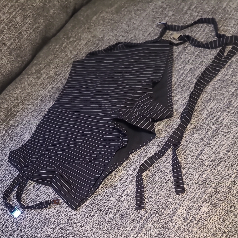 Pinstriped Black and White Shorts With Built In Belts. Back Zipper.